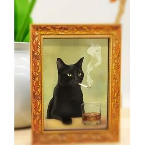 Miniature Framed Black Cat Art Print Smoking & Drinking Magnet 3"